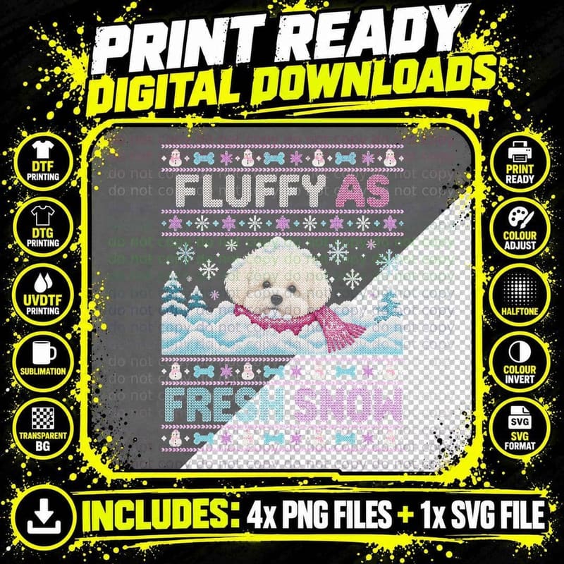 Bichon Frise Fluffy As Fresh Snow Christmas Ugly Sweater Png SVG Digital Bundle