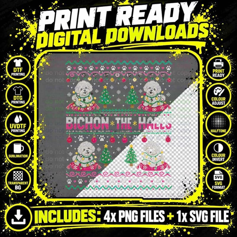 Bichon The Halls Frise Dogs Pattern Christmas Ugly Knit Png SVG Digital Bundle