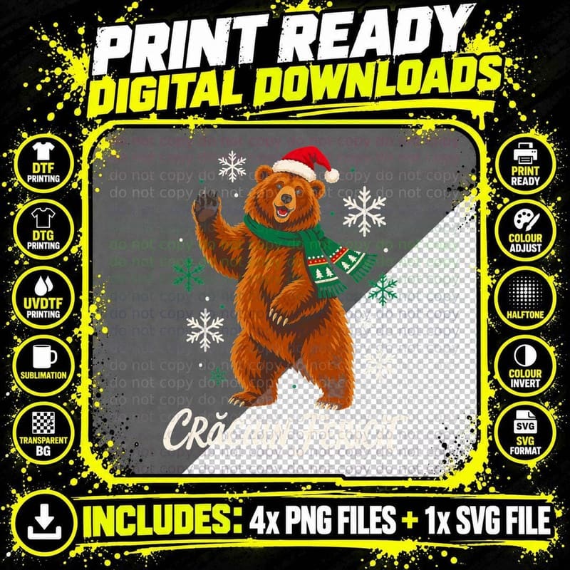 Brown Bear Santa Hat Craciun Fericit Romania Christmas Png SVG Digital Bundle