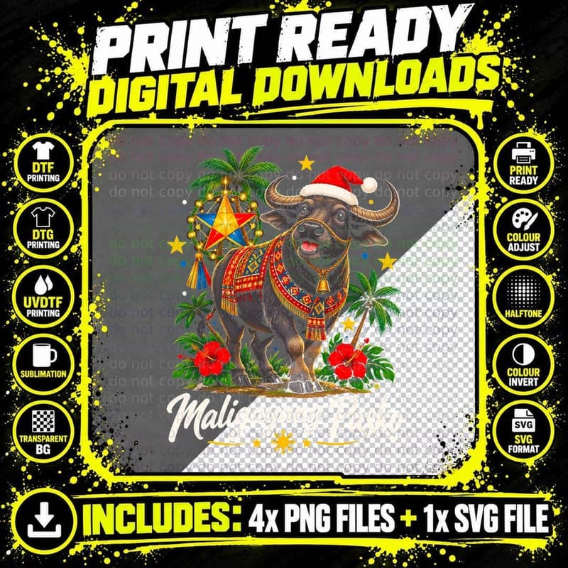 Carabao Water Buffalo Maligayang Pasko Filipino Png SVG Digital Bundle