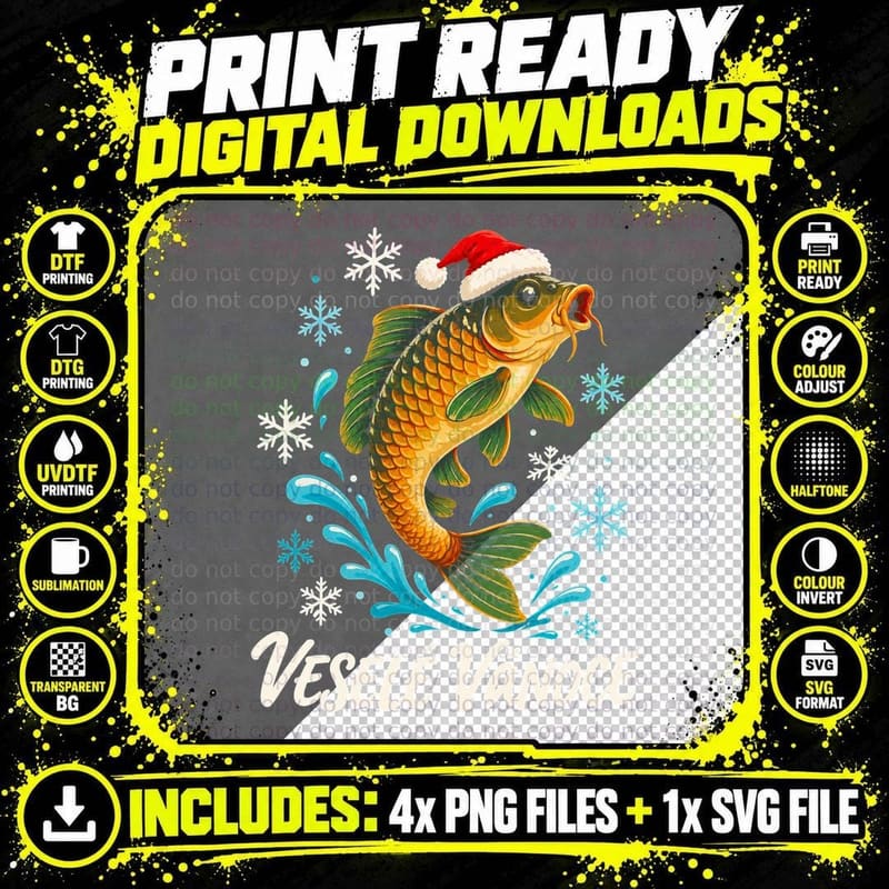Carp Fish Santa Hat Vesele Vanoce Czech Christmas Png SVG Digital Bundle