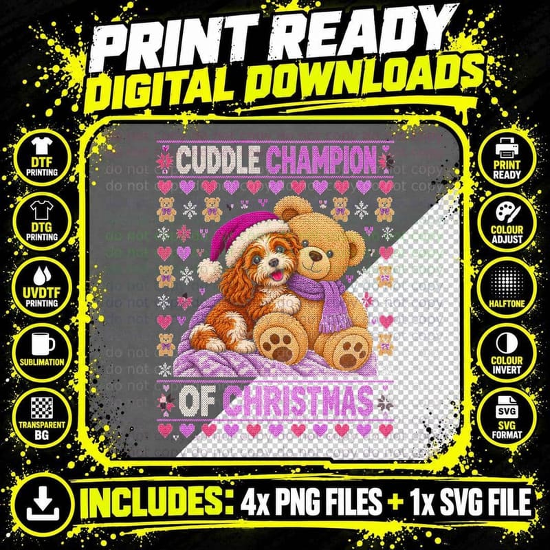 Cavapoo Cuddle Champion Of Christmas Teddy Bear Ugly Png SVG Digital Bundle