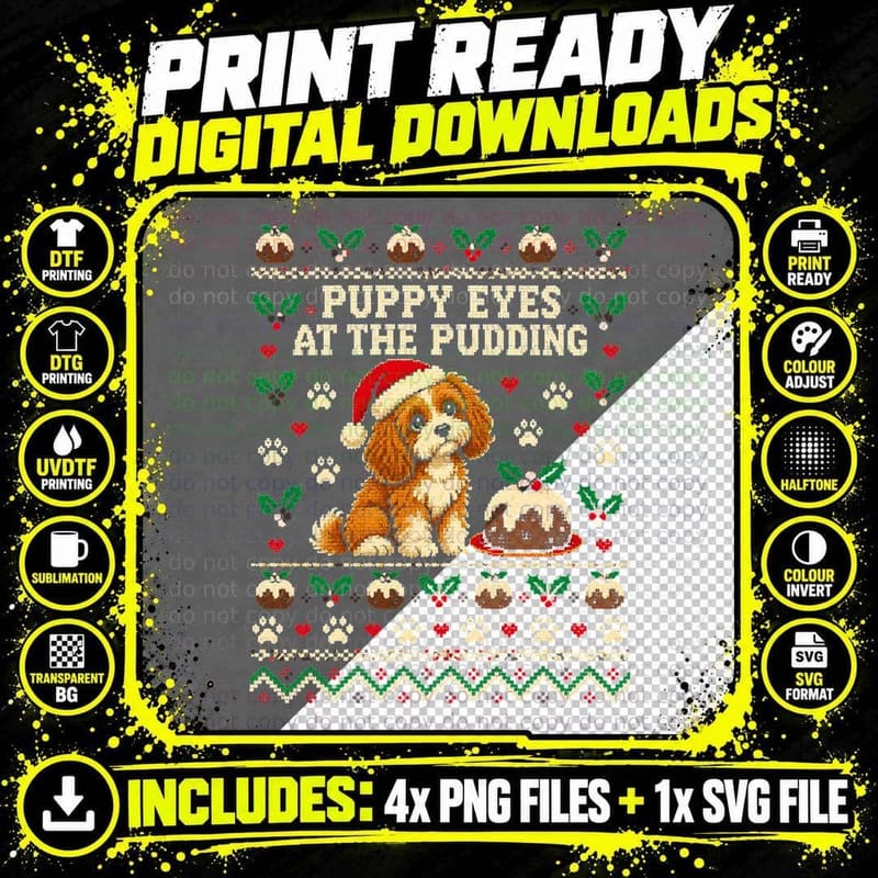 Cavapoo Puppy Eyes At The Pudding Christmas Ugly Sweater Png SVG Digital Bundle