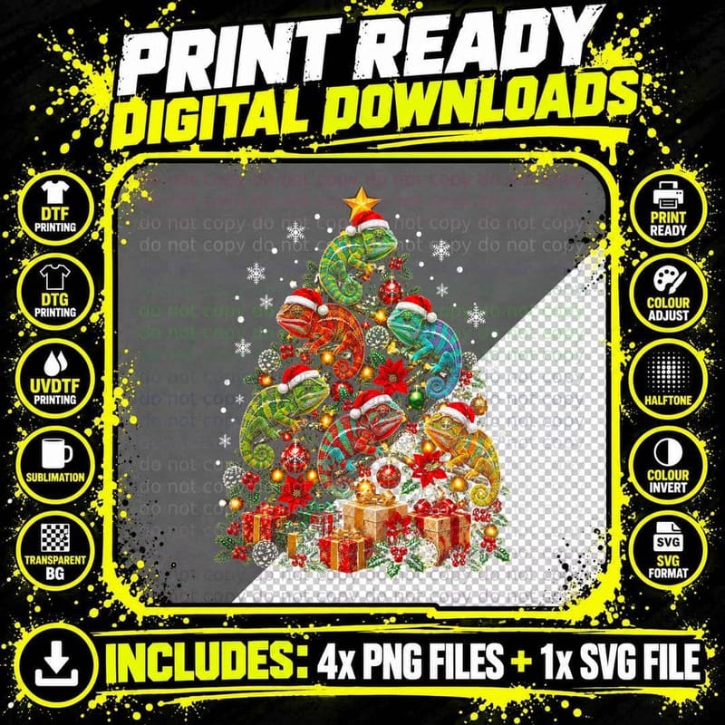 Chameleon Christmas Tree Made Of Lizards Santa Hats Png SVG Digital Bundle