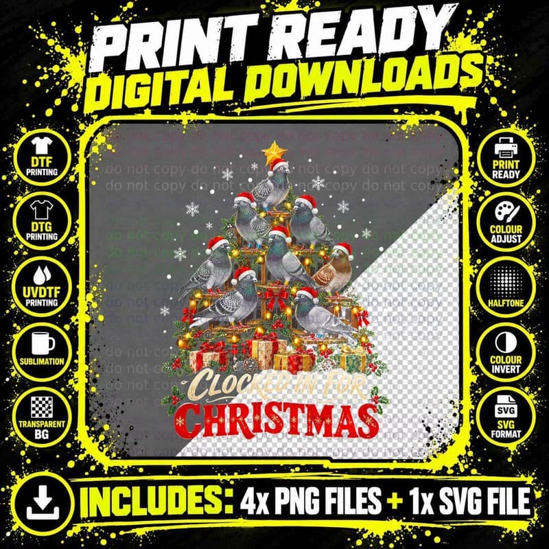 Clocked In For Christmas Racing Pigeon Tree Loft Fancier Png SVG Digital Bundle