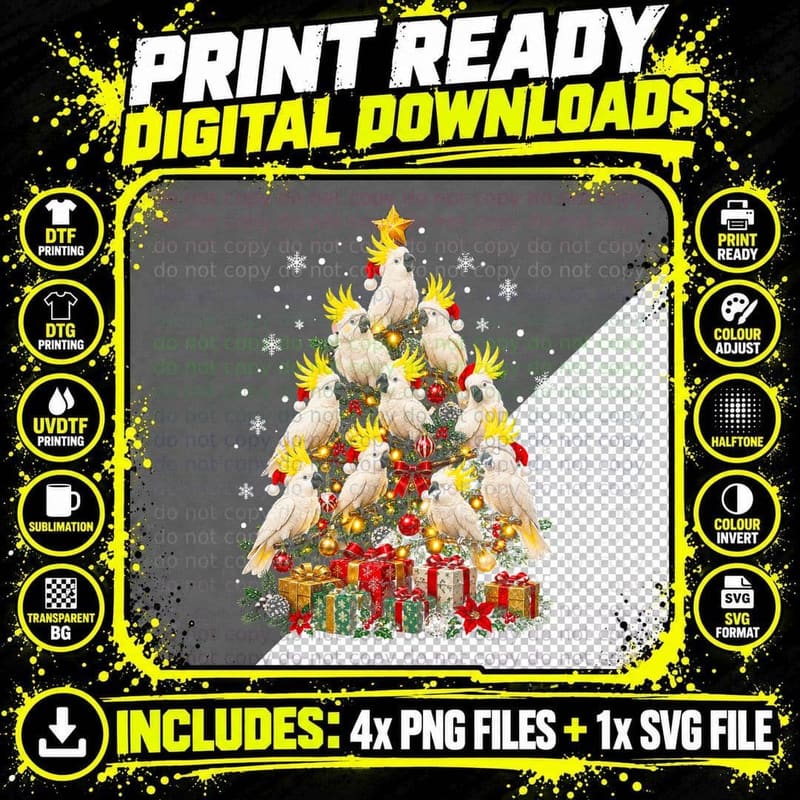 Cockatoo Christmas Tree Made Of Parrots In Santa Hats Png SVG Digital Bundle