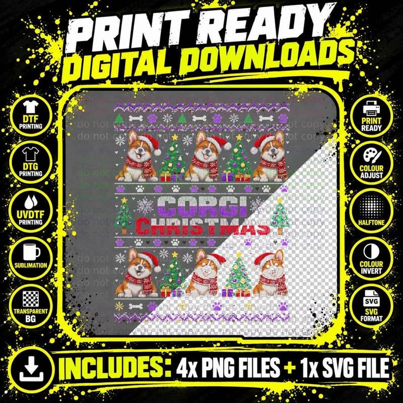 Corgi Christmas Pattern Corgis Scarves Trees Ugly Knit Png SVG Digital Bundle