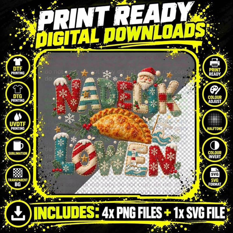 Cornish Pasty Nadelik Lowen Cornwall Christmas Patchwork Png SVG Digital Bundle