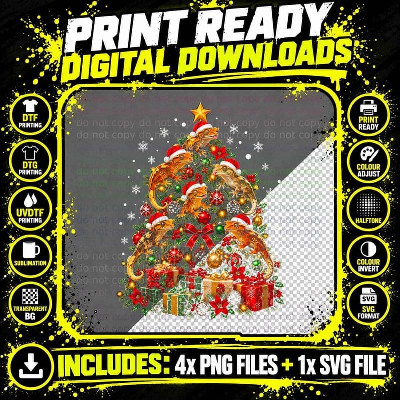 Crested Gecko Christmas Tree Santa Hat Lizards Reptile Png SVG Digital Bundle