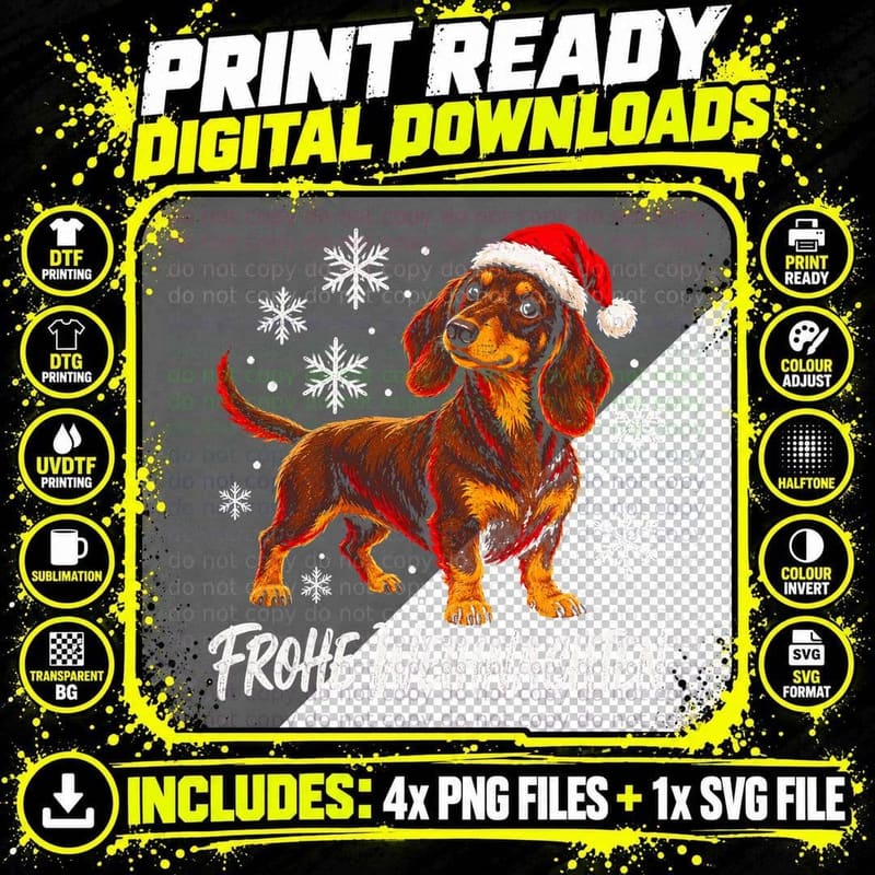 Dachshund Sausage Dog Frohe Weihnachten German Christmas Png SVG Digital Bundle