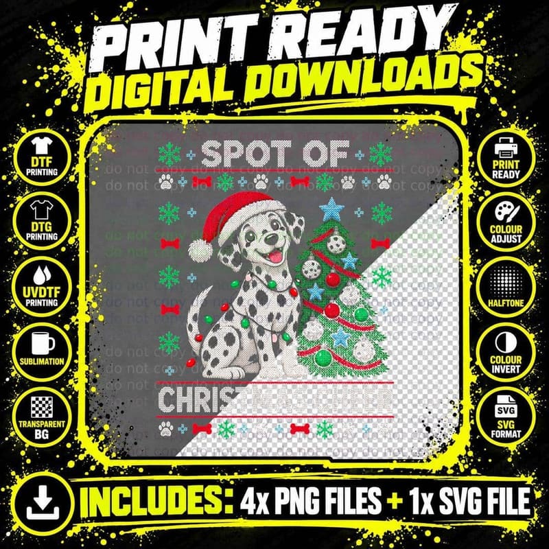 Dalmatian Spot Of Christmas Cheer Tree Santa Hat Ugly Png SVG Digital Bundle