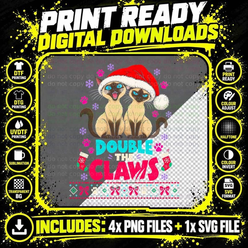 Double The Claws Two Siamese Cats Santa Hat Christmas Png SVG Digital Bundle