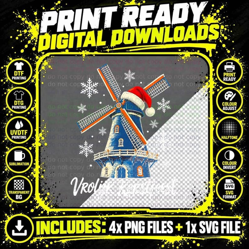 Dutch Windmill Santa Hat Vrolijk Kerstfeest Holland Png SVG Digital Bundle