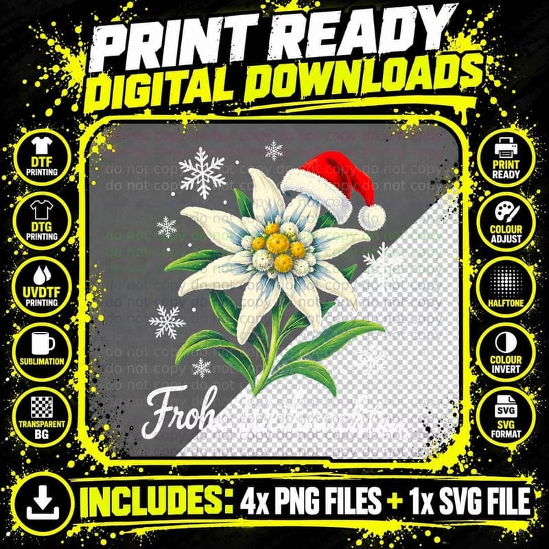 Edelweiss Flower Santa Hat Frohe Weihnachten Austria Png SVG Digital Bundle