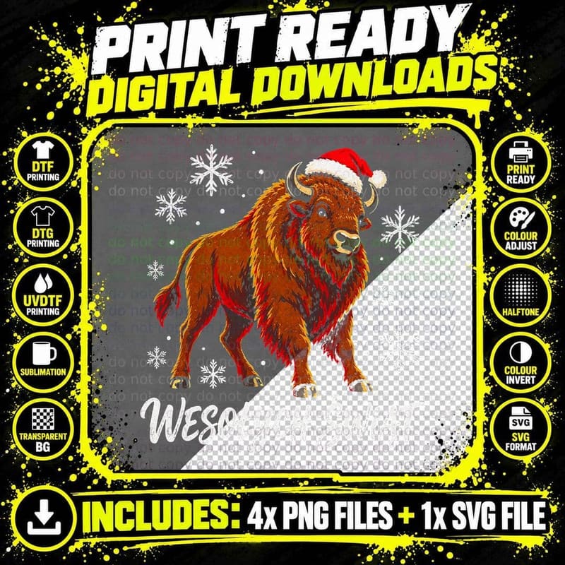 European Bison Santa Hat Wesolych Swiat Polish Christmas Png SVG Digital Bundle