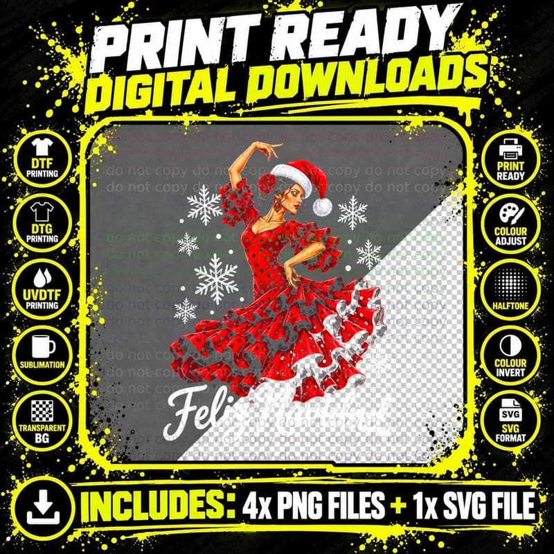 Flamenco Dancer Santa Hat Feliz Navidad Spanish Png SVG Digital Bundle