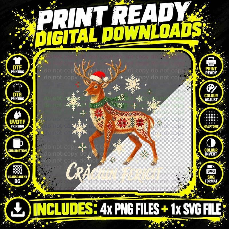 Folk Art Reindeer Craciun Fericit Romanian Christmas Png SVG Digital Bundle