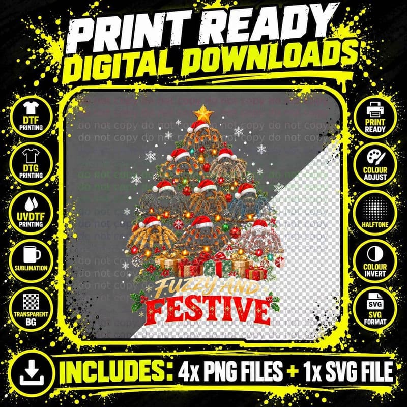 Fuzzy And Festive Tarantula Christmas Tree Spiders Santa Png SVG Digital Bundle