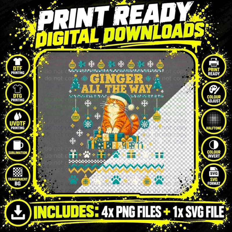 Ginger All The Way Orange Cat Presents Christmas Ugly Png SVG Digital Bundle