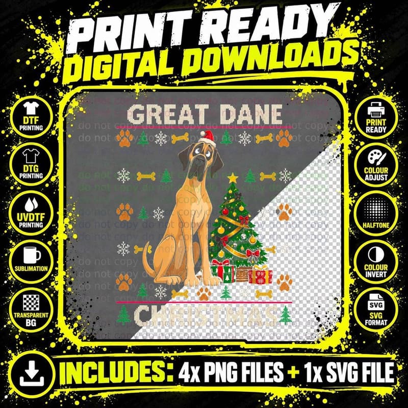 Great Dane Christmas Fawn Dog Decorated Tree Ugly Knit Png SVG Digital Bundle