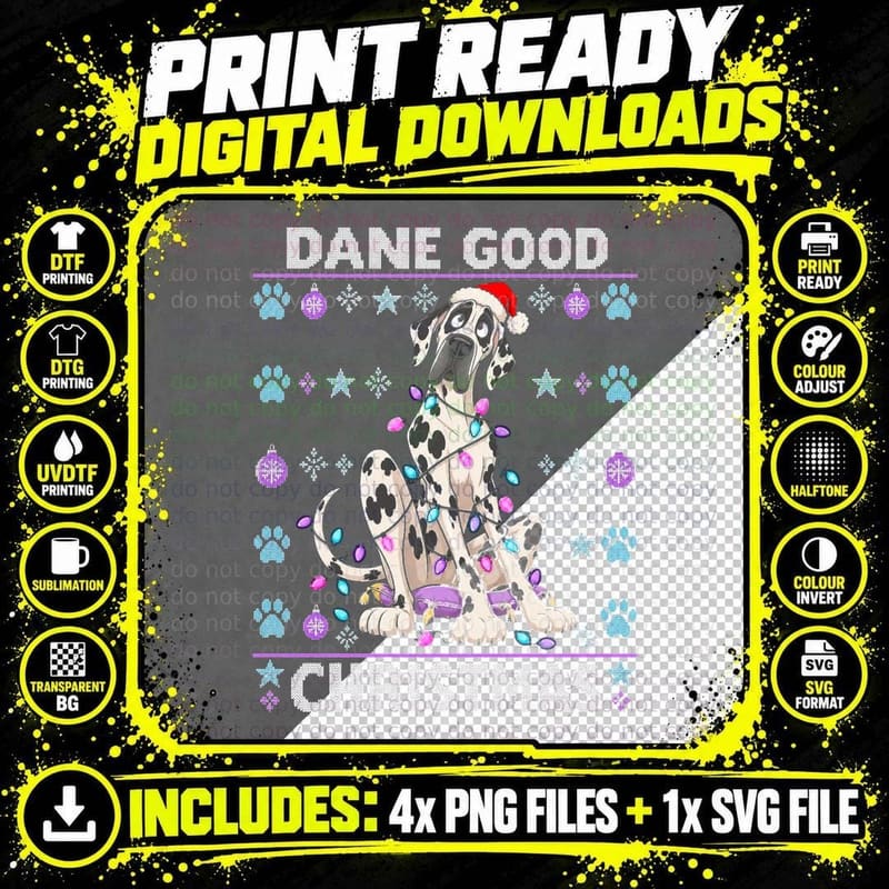 Harlequin Great Dane Good Christmas Tangled Lights Ugly Png SVG Digital Bundle