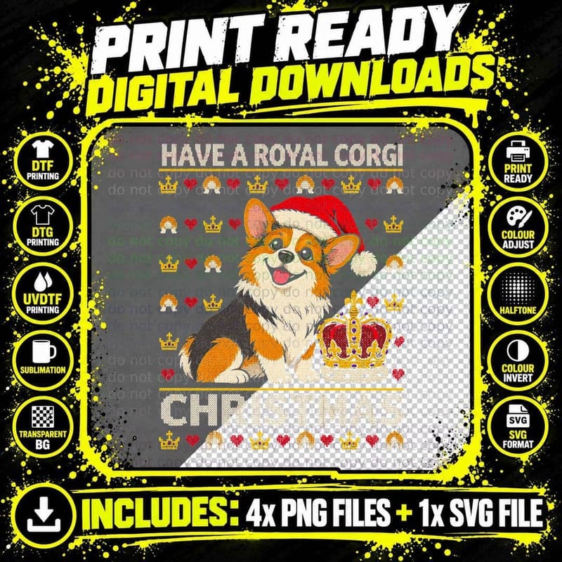 Have a Royal Corgi Christmas Crown Santa Hat Ugly Knit Png SVG Digital Bundle