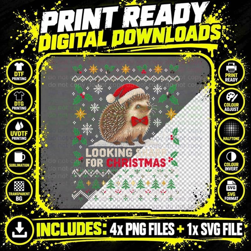 Hedgehog Looking Sharp For Christmas Bow Tie Ugly Knit Png SVG Digital Bundle