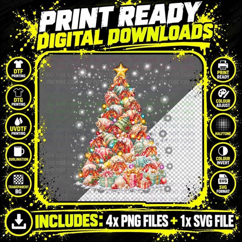 Hermit Crab Christmas Tree Made Of Seashells Beach Pet Png SVG Digital Bundle