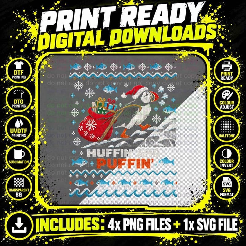 Huffin And Puffin Seabird Santa Sack Christmas Ugly Png SVG Digital Bundle