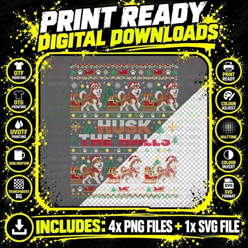 Husk The Halls Siberian Husky Sled Dogs Christmas Ugly Png SVG Digital Bundle
