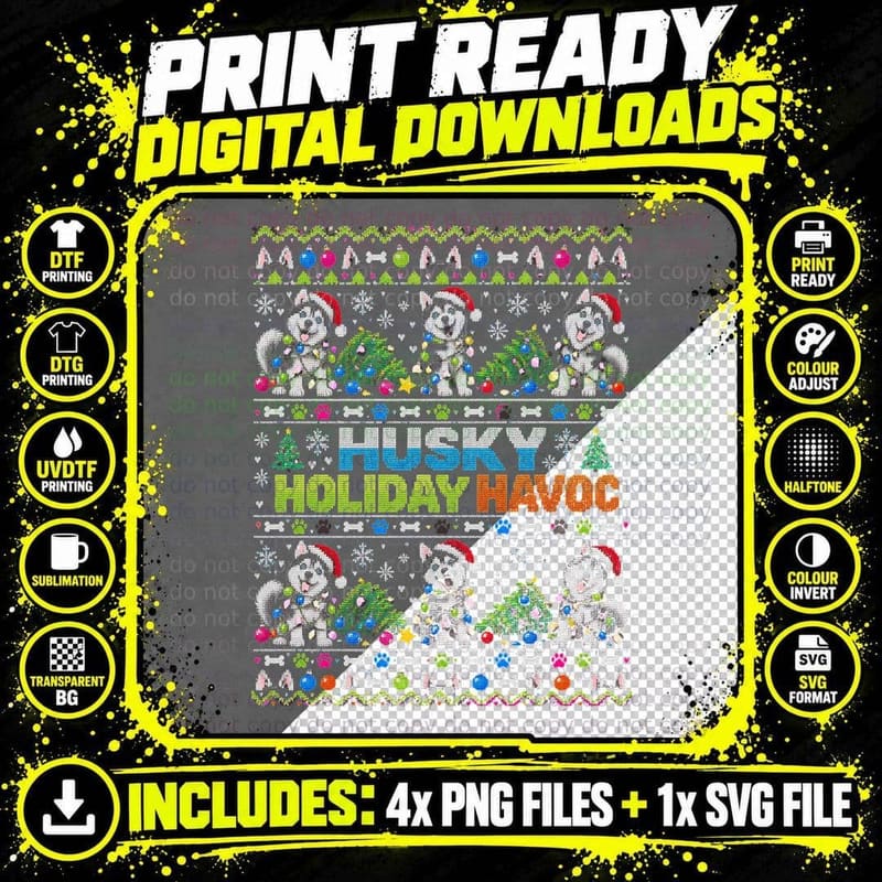Husky Holiday Havoc Knocking Over Christmas Trees Ugly Png SVG Digital Bundle