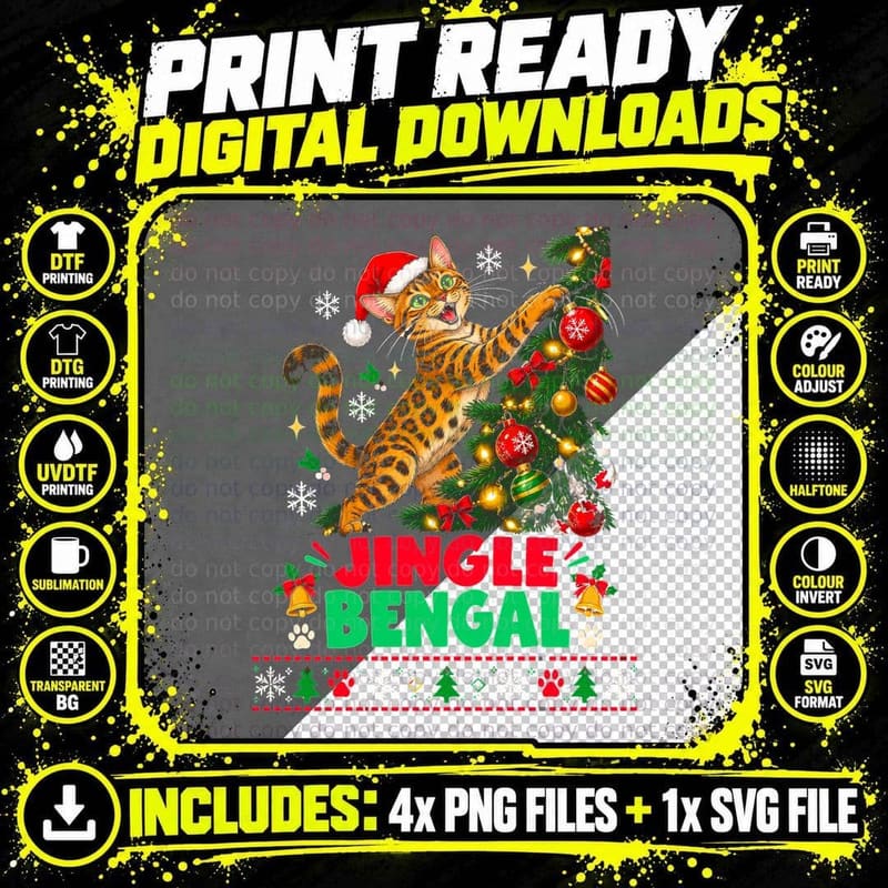 Jingle Bengal Cat Climbing Christmas Tree Funny Ugly Png SVG Digital Bundle