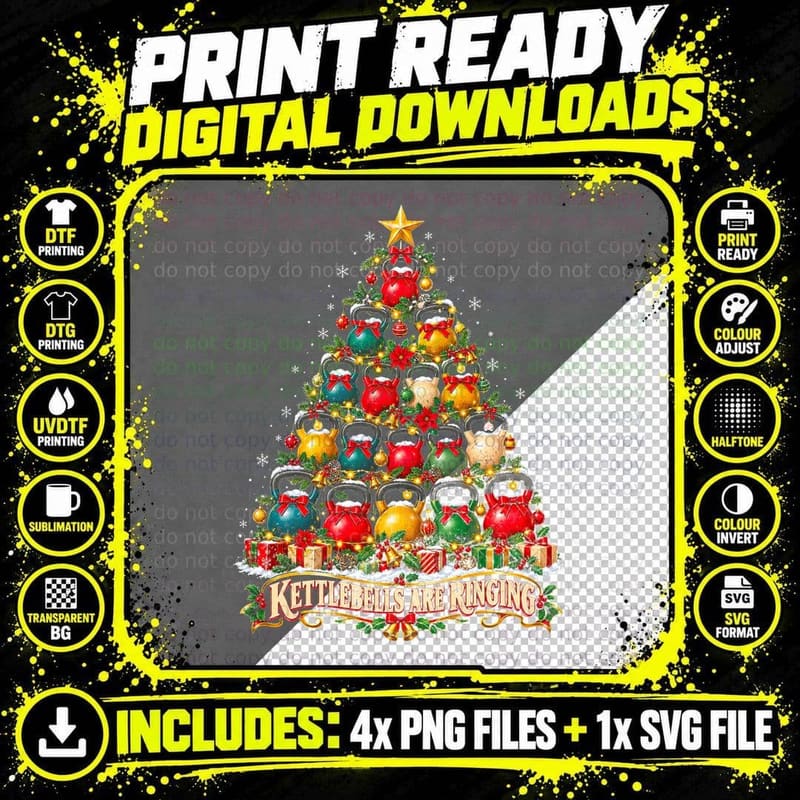 Kettlebells Are Ringing Christmas Tree Gym Workout Png SVG Digital Bundle