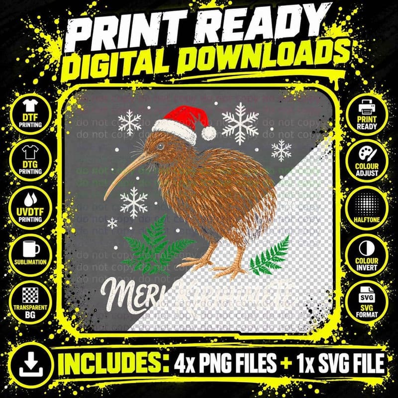 Kiwi Bird Santa Hat Meri Kirihimete Maori New Zealand Png SVG Digital Bundle