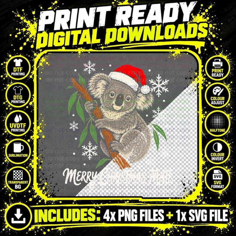 Koala Santa Hat Merry Christmas Mate Australia Gum Tree Png SVG Digital Bundle