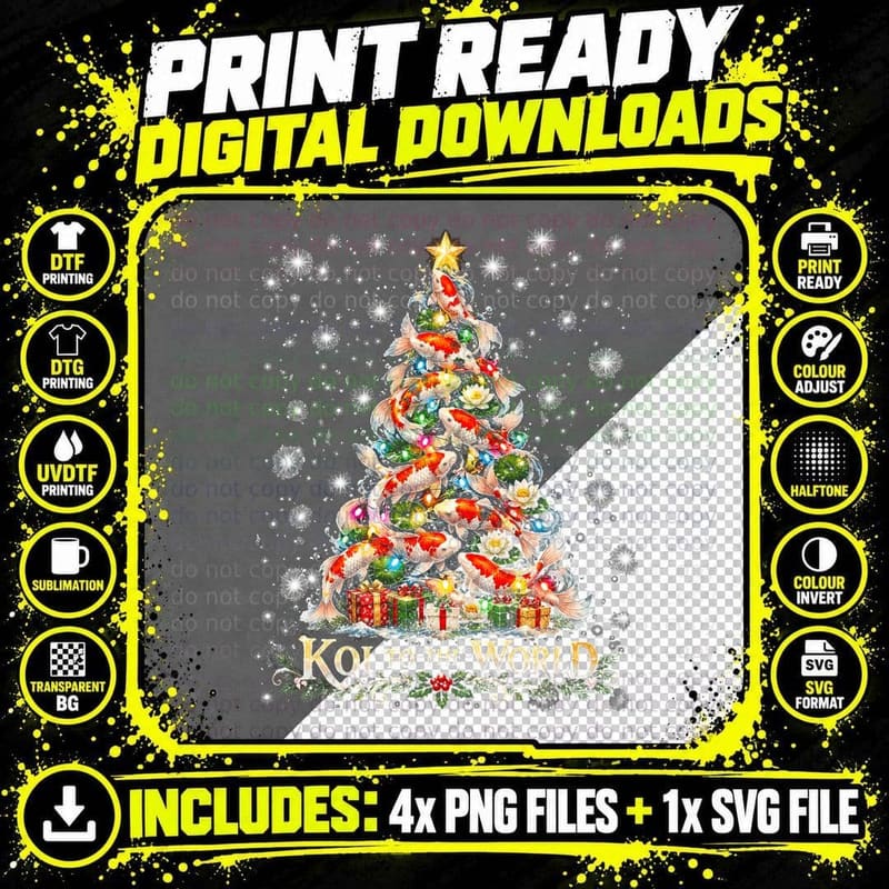 Koi To The World Christmas Tree Carp Fish Pond Keeper Png SVG Digital Bundle