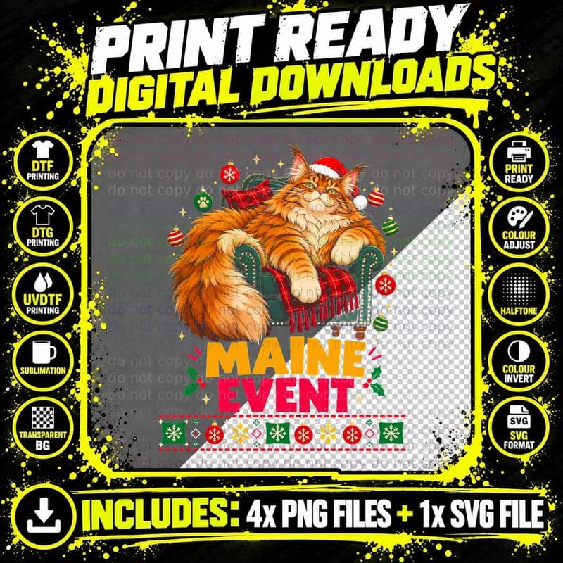 Maine Event Coon Cat Armchair Christmas Ugly Sweater Png SVG Digital Bundle