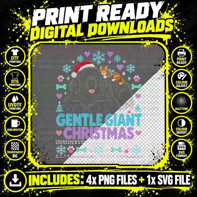 Newfoundland Gentle Giant Christmas Dog With Kitten Ugly Png SVG Digital Bundle