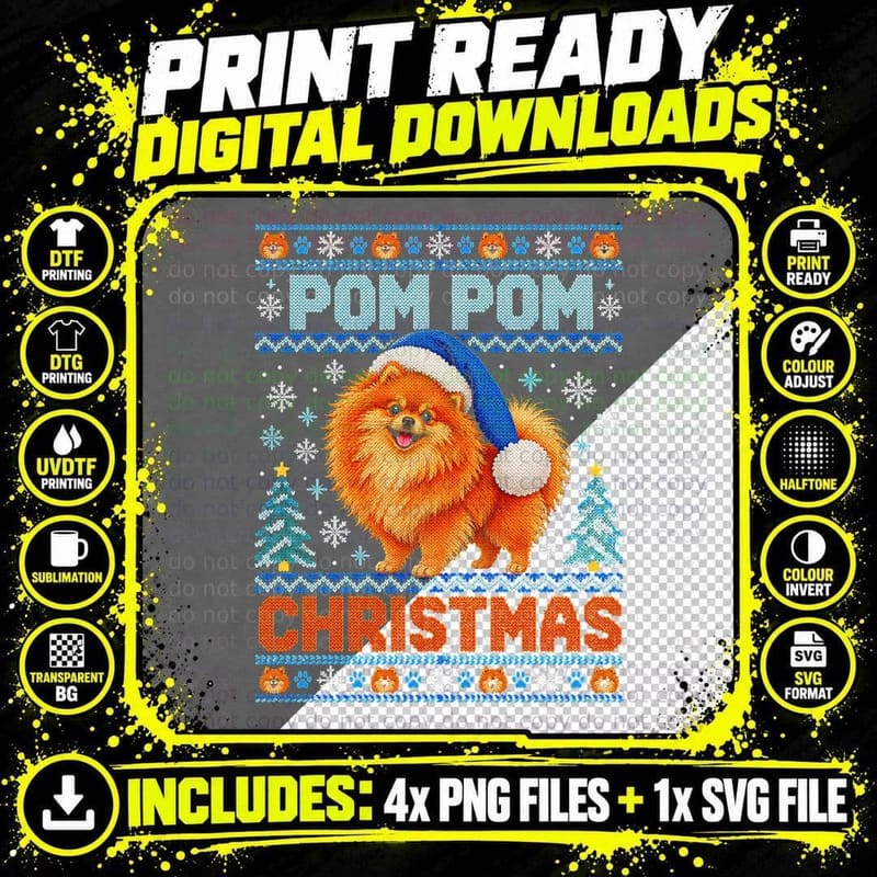 Pom-Pom Christmas Pomeranian Blue Santa Hat Ugly Knit Png SVG Digital Bundle
