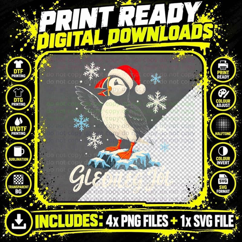 Puffin Santa Hat Gledileg Jol Icelandic Christmas Png SVG Digital Bundle
