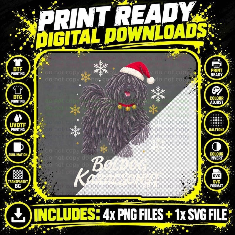Puli Dog Santa Hat Boldog Karacsonyt Hungarian Christmas Png SVG Digital Bundle