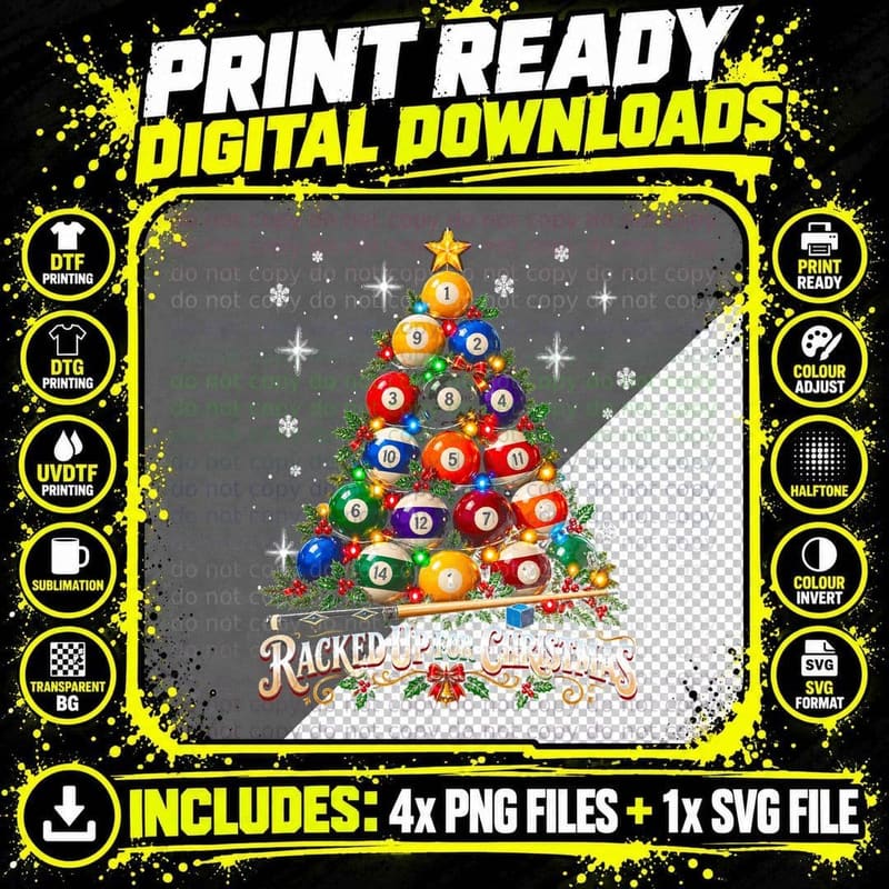 Racked Up For Christmas Pool Balls Tree Billiards Cue Png SVG Digital Bundle