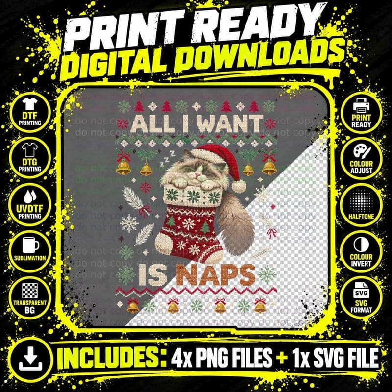 Ragdoll Cat All I Want Is Naps Christmas Stocking Ugly Png SVG Digital Bundle