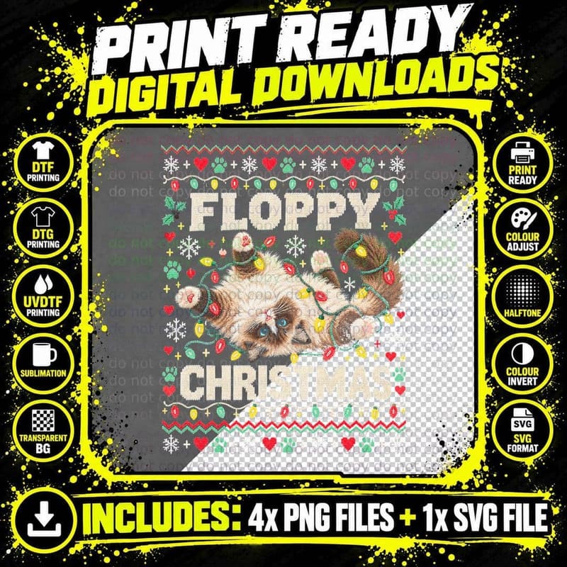 Ragdoll Cat Floppy Christmas Fairy Lights Ugly Sweater Png SVG Digital Bundle