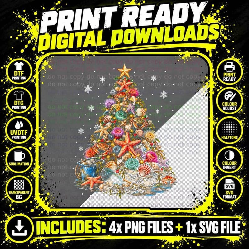 Rock Pooling Christmas Tree Starfish Shells Crabs Png SVG Digital Bundle