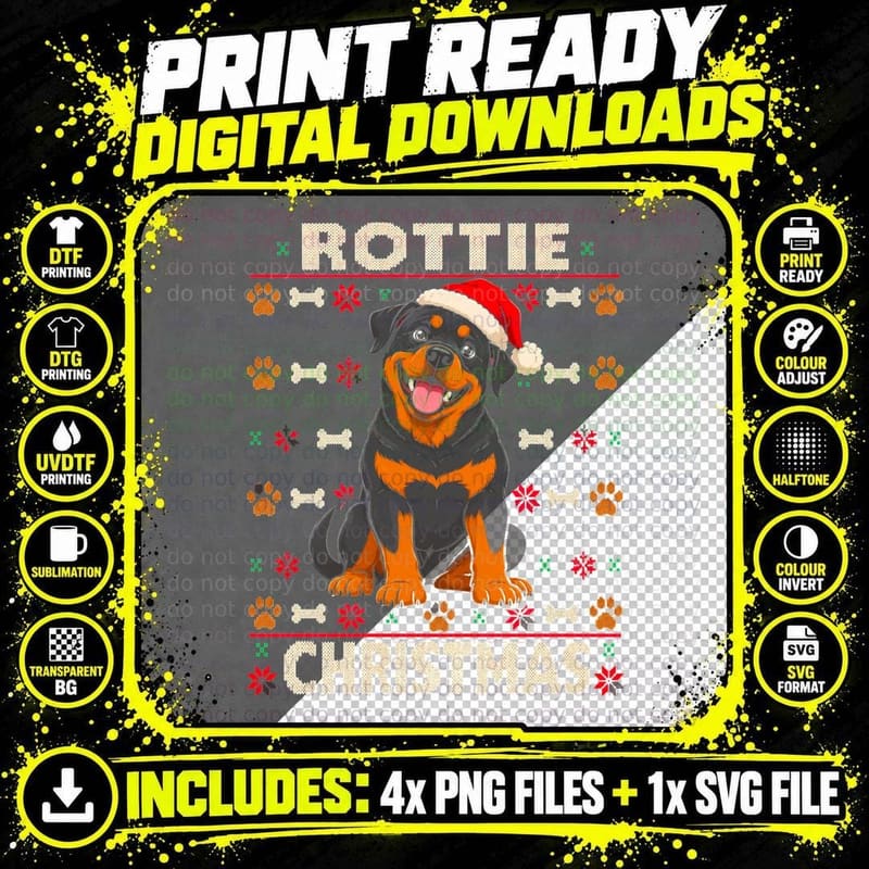 Rottie Christmas Rottweiler Santa Hat Ugly Knit Xmas Png SVG Digital Bundle