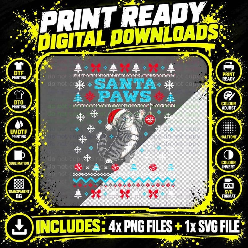 Santa Paws Grey Tabby Cat Bauble Christmas Ugly Knit Png SVG Digital Bundle