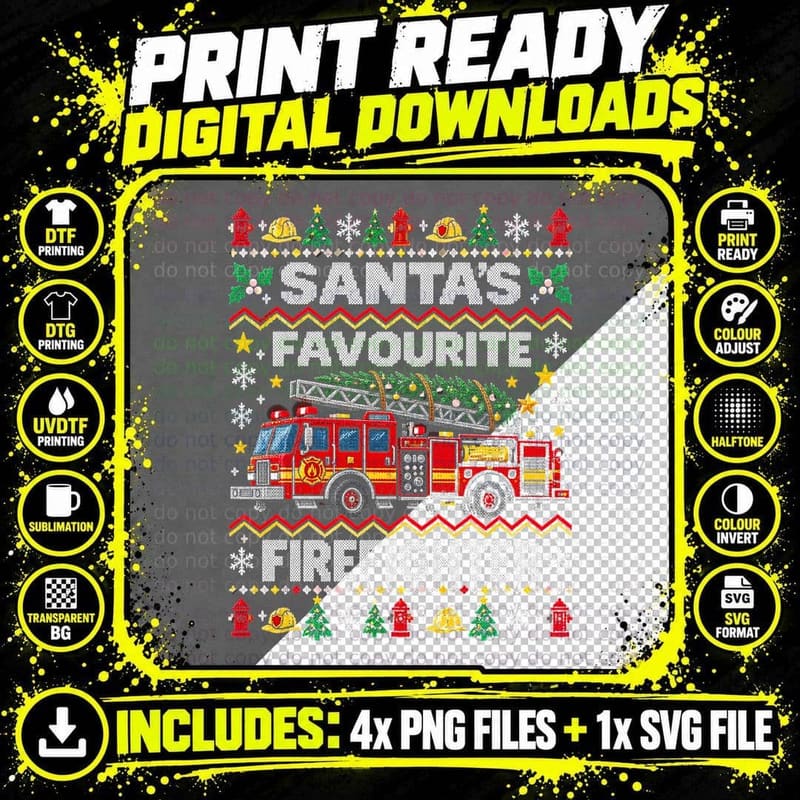 Santas Favourite Firefighter Christmas Ugly Sweater Png SVG Digital Bundle