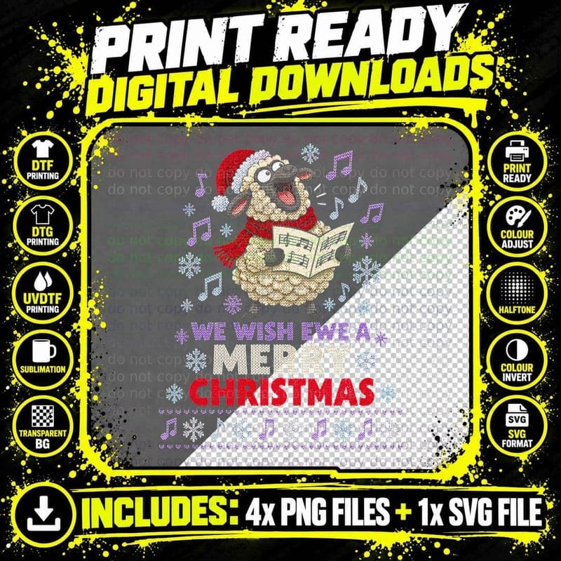 Sheep We Wish Ewe a Merry Christmas Carol Singing Ugly Png SVG Digital Bundle
