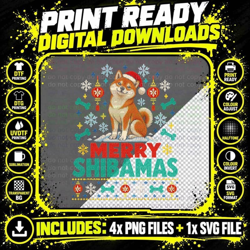 Shiba Inu Merry Shibamas Lanterns Christmas Ugly Knit Png SVG Digital Bundle